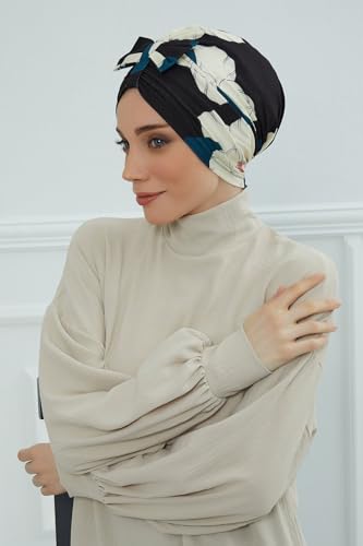 Aisha's Design Printed Instant Turban with Bow for Women, 95% Cotton Head Wrap Hats, Hijab Cap Stylish Design2