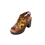 Macarena Collection Women's Flatform Wedge Casual Sandal Huarache Colorful Leather Mexican Style Color 517 Block Heel Sandals - Sunflower Embroidered Artisan Design