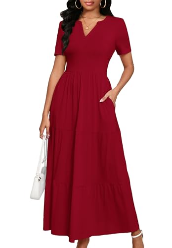 Image of MarryUP Women 2025 Casual Loose Maxi Dress with Pockets V Neck Short Sleeve Tiered Long Summer Beach Swing Dresses