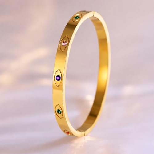Image of Stylish Gold Plated Bangle for Women | Daily Use Stainless Steel Kada | Anti-Tarnish Waterproof Cuff | Multicolour Crystal Evil Eye | Daily Wear Bracelet For Womens | Premium Gift For Girl