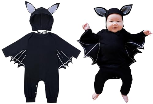 AGQT It's My 1st Halloween Romper Black Bat Costume Cloak Outfit Hat Newborn Babys Halloween Costume Bat Hat Size 0-6M