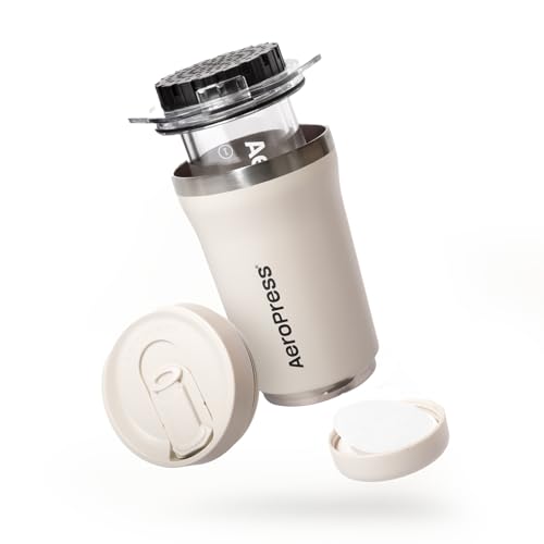 AeroPress Go Plus, Small Portable Coffee Maker Kit, Travel, Camping & Office, All-in-One French Press, Pour-Over & Espresso Style Manual Brewer, 2 Min Brew for Less Bitterness, More Flavor, Cream