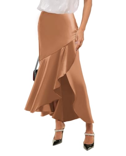 SEBOWEL Women Satin Skirt Silk A Line Swing Ruffle Pleated Cocktail Skirts Silky High Low Tiered Long Maxi Skirt with Split3