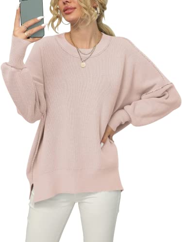 Popular Winter Coldproof Soft Touch Oversized Pink Sweater For Women Trendy Casual Low Crewneck Batwing Loose Long Sleeve Ribbed Knit Pullover Top M #TOP7