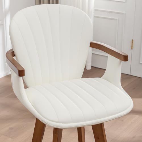 Image of LUNLING 26 inch Counter Height Stools Set of 2,Mid Century Modern Bar Stools,White PU Leather Kitchen Island Stools,Wood High Barstools Swivel with Back and Arms for Home Bar Furniture