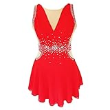 Vestido De Patinaje Artístico Mujer Chica Niños Patinaje Sobre Hielo Vestido Rojo Licra Alta Elasticidad Competición Ropa De Patinaje Hecho A Mano Pedrería Sin Mangas(M)
