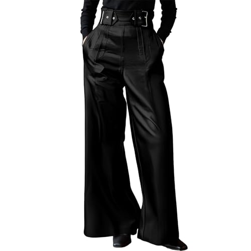 HGps8w Wide Leg Faux Leather Pants for Women Dressy Pleated PU High Waisted Pants Going Out Flare Trousers with Pockets