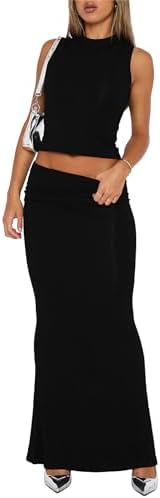 スカートスーツ女性用2点セット-セクシー2点セットノースリーブタンクトップ折り返しロングスカート