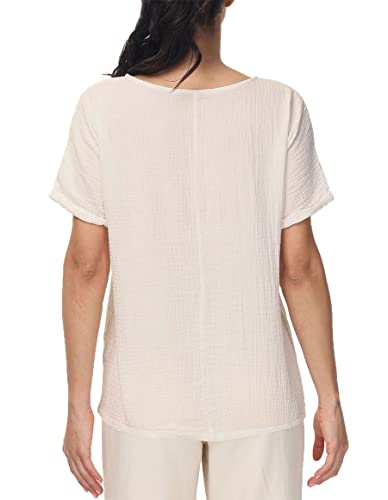 Soojun Women's Cotton Linen Round Collar Boxy Top Patchwork Blouses Beige, X-Large #TOP2