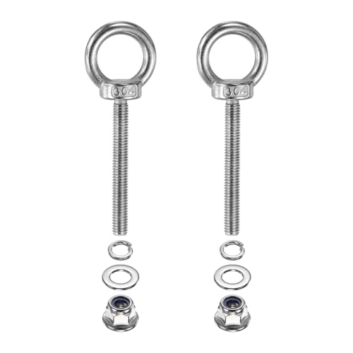 Image of PATIKIL M6 x 50mm Shoulder Eye Bolt, 2 Pcs 304 Stainless Steel Lifting Ring Threaded Eye Bolt with Flange Lock Nuts Spring and Flat Washers for Hanging Tie Down Straps Outdoor Indoor