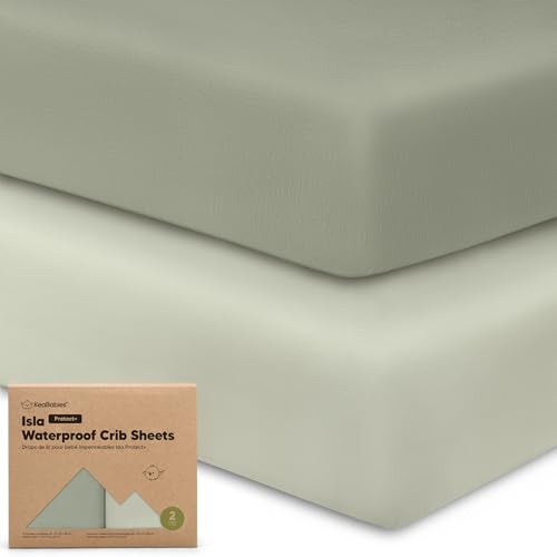 Image of 2-Pack Waterproof Baby Crib Sheets for Boys, Girls - 52x28 Viscose Derived from Bamboo Toddler Bed Sheet Neutral, Fitted Crib Mattress Protector Cover for Baby Bedding, Soft & Gentle (Lichen)