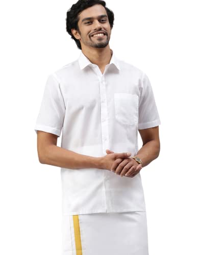 Image of RAMRAJ COTTON Men White Half Sleeve Shirt Crafted For Comfort| Durability| And Timeless Everyday Style
