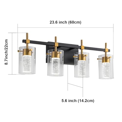 Image of 4-Light Black and Gold Vanity Light with 3 Color Modes (3000K /4000K /6000K), Eye Protection LED Bathroom Light Fixture, Dimmable Modern Wall Light Over Mirror with Clear Glass Shade