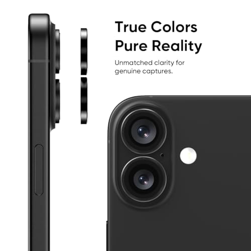 FLOLAB NanoArmour for iPhone 16 / iPhone 16 Plus Camera Lens Protector, Tempered Glass, Aluminum, Anti Reflective, Easy Install - Black