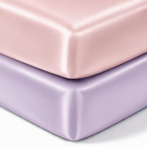 Image of Pro Goleem Satin Mini Crib Sheets 2 Pack, Pink & Purple Silky Soft Fitted Sheet for Baby Hair Protection, 38 inchx24 inchx5 inch Breathable Mattress Cover Compatible with Pack n Play & Portable Crib