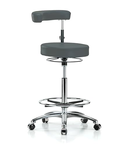 Image of Perch Chrome Rolling Dental Stool Adjustable Height with Procedure Arm and Foot Ring | High Bench Height 24.5-32 inch | Charcoal Vinyl