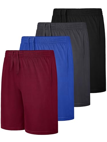 JORHIG 4 Pack Boys Athletic Basketball Shorts with Pockets Kids Youth Active Performance Gym Boys Shorts Quick Dry Set B 8-10Y