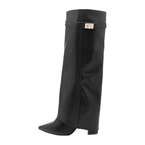 ticticlily Bottes à Revers Femme Mollets Larges Bottines Hiver Cowboy Boots Hautes pour Bureau Mariages B Noir 39 EU