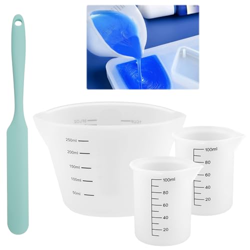 Silikon Messbecher Krüge, 250&100ml Messbecher mit Rührstäbchen, Epoxidharz Mischbecher mit Skala Clear, Silicone Measuring Cups, Wiederverwendbare Silikon Messbecher Set für DIY,Basteln,Küche,Labor