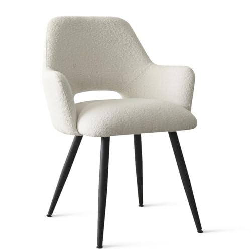Image of Finch Fox Motel Luxurious Home Collection Upholstery Boucle Fabric Arm Dining Room Chairs in Cream Color with Black Metal Powder Coated Legs (Set of 2)