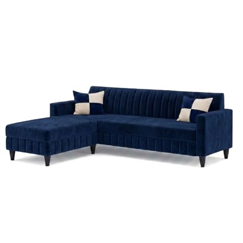 Image of FURNY Gracina 5 Seater L Shape Sofa Set with Movable Ottoman | Flexible Left or Right Layout | Plush Velvet Fabric (Dark Blue) | Perfect for Living Room, Guest Room & Office