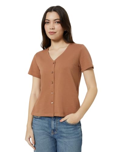 Image of Amazon Brand - Symbol Women's Seer Sucker V-Neck Knit Casual Shirt Top (Button Down | Regular-fit | Stylish) (Available in Plus Sizes)