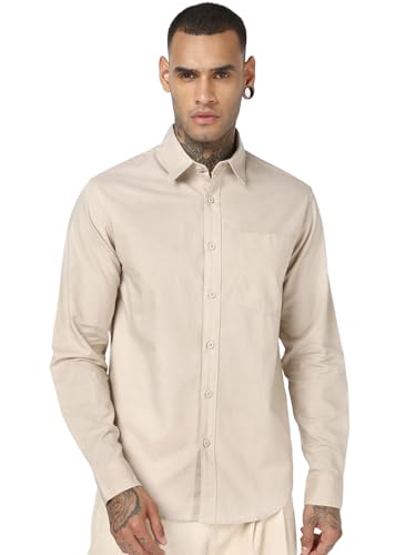Image of Bewakoof Mens Solid Regular Fit Full Sleeve Collar Cotton Linen Blend Shirt
