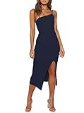 OWIN Womens Summer Sexy Asymmetrical Neck Spaghetti Strap Formal Dress Sleeveless Midi Dress with Slit Navy Blue S