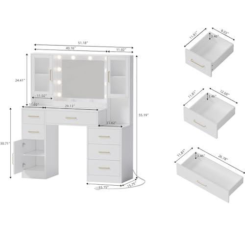 Image of UGTOO Makeup Vanity Desk with Mirror and Lights, 51.2 inch Makeup Vanity with Lights & Charging Station, Dressing Table Vanity Set for Bedroom, White Vanity Table with 6 Drawers and 3 Cabinet