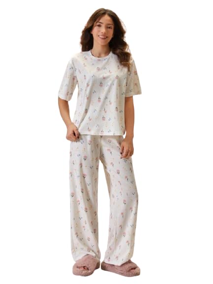 Women Cotton Nightsuit Set, Pink, Short Sleeve, Striped with Cherry Print, Casual Lounge Pyjama Set-image-1