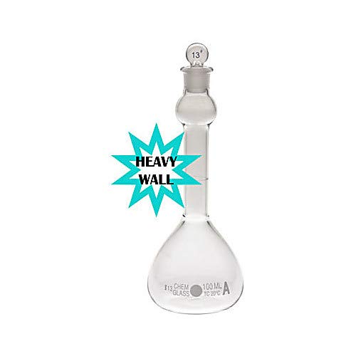 Chemglass CG-1626-20 Series CG-1626 Volumetric Flask with #13 Stopper, Heavy Wall, Bubble Neck, Large Number, Flat Bottom, Class A, 20 mL