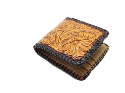 Bifold slim Wallet for Men, 3D Genuine Leather Minimalist Wallets, Western Cowboy Wallet, Floral Carving, RFID Blocking Hand Made Card Holder Wallet, Personalized Wallet