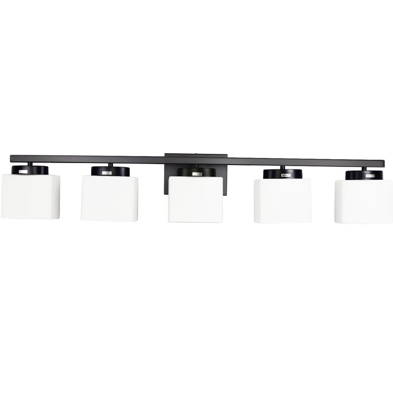 5-light matte black vanity light fixture with white glass shade for bathroom over mirror, 41 inches
