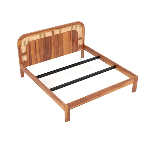 Image of Sheesham Wood Cane Bed Without Storage for Bedroom | Queen Size Wooden Double Bed Palang with Curved Rattan Headboard (Honey Finish)