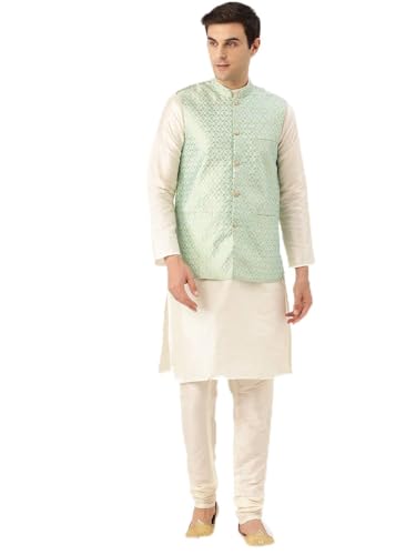 Image of SOJANYA (Since 1958 Men's Cotton Linen Maroon Kurta and White Pyjama with Mustard Cotton Nehru Jacket