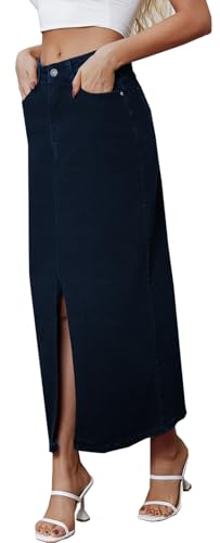 Women's Vintage Denim Long Skirt A-Line High Waisted Front Slit Casual Maxi Jean Skirt3