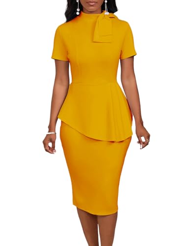Image of WanMem Women Formal Bodycon Peplum Cocktail Dress Short Sleeve Bow Ruffle Pencil Party Midi Dresses