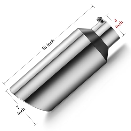 Image of Exhaust Tip 4 inch Inlet 7 inch Outlet 18 inch Long, High Performance Stainless Steel, Rustproof Polished Finish, Rolled Angle Cut, Bolt-On Diesel Tail Pipe, Universal for Car Truck