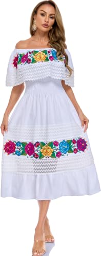 Image of YZXDORWJ Women Embroidered Mexican Peasant Casual Sexy Lace Off-Shoulder Long Dress