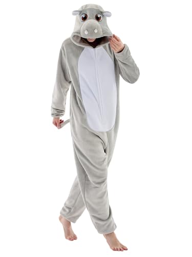 JUOLOET Unisex Adult Onesie Pajamas Hippo Animal One Piece Snug Fit Halloween Costume Sleepwear HomewearNew Hippo Medium