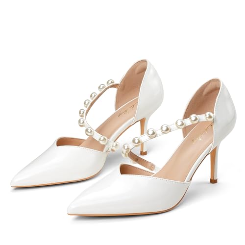 Elisabet Tang Women's Closed Pointed Toe Heels with Pearl Stiletto Pumps D'Orsay Wedding Bridal Party Women Sexy High Heel Dress Shoes