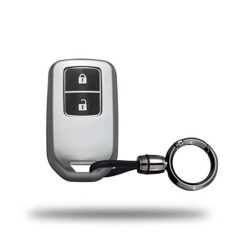 Image of SIAGO TPU Key Cover and Round Keychain Compatible for Honda BRV | WRV | CRV | Jazz | City 2 Button Smart Key (Grey)