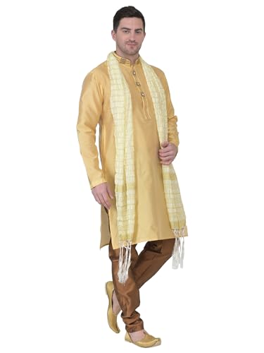 Image of ITOS365 Men's Tunic Art Silk Kurta Pajama and Scarf Suit Set Indian Clothing Wedding Party Dress Gifts Items