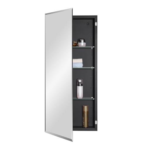 IDYLLOR Black Bathroom Medicine Cabinet with Beveled Edge Mirrored Door 16 x 36 inch, Recessed or Surface Mount, with Adjustable Glass Shelves
