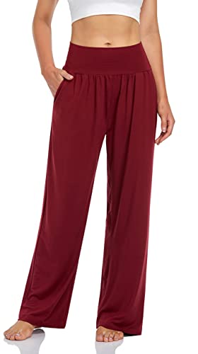 UEU Women's High Waisted Yoga Red Pants Casual Loose Fit Juniors Sweatpants Comfy Lounge Wide Leg Sports Athletic Pants with Pockets(Wine,M)