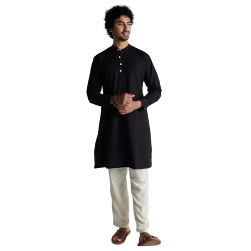 Image of SAADAA Men's Long Kurta - Linen Cotton Blend, Airy Fabric, Regular Fit, Mandarin Collar, Solid Color - Casual, Festive & Ethnic Wear