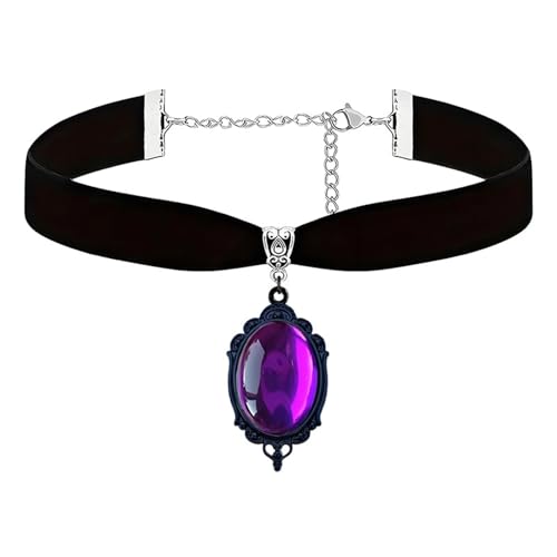 Dreuyet Gothic Crystal Cameo Velvet Choker Necklace for Women Vintage Crystal Glass Red Green Purple Necklace Black Goth Mystic Victorian Collar Punk Style Halloween Costume Jewelry (Purple N)