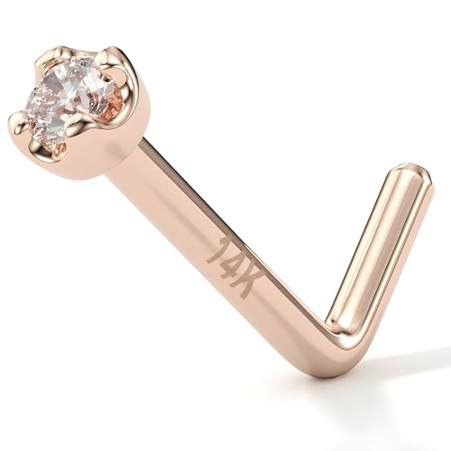Body Candy 20 Gauge 1/4 at Bend 14k Rose Gold 1.5mm Diamond (0.015 cttw) L-Shaped Nose Ring Nose Stud