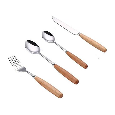 MBB Wood Dinnerware Flatware Set Server Knife Fork Spoon Stainless Steel Wooden Handle 40 Pieces Service for 10 Cover