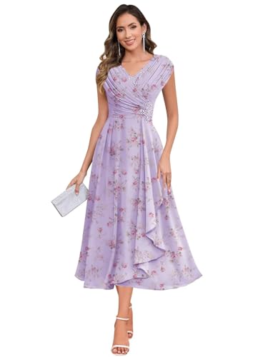 Image of BOLENSYE Mother of The Bride Dresses for Wedding Cap Sleeve Tea Length Grandmother Dress Floral Purple Size0